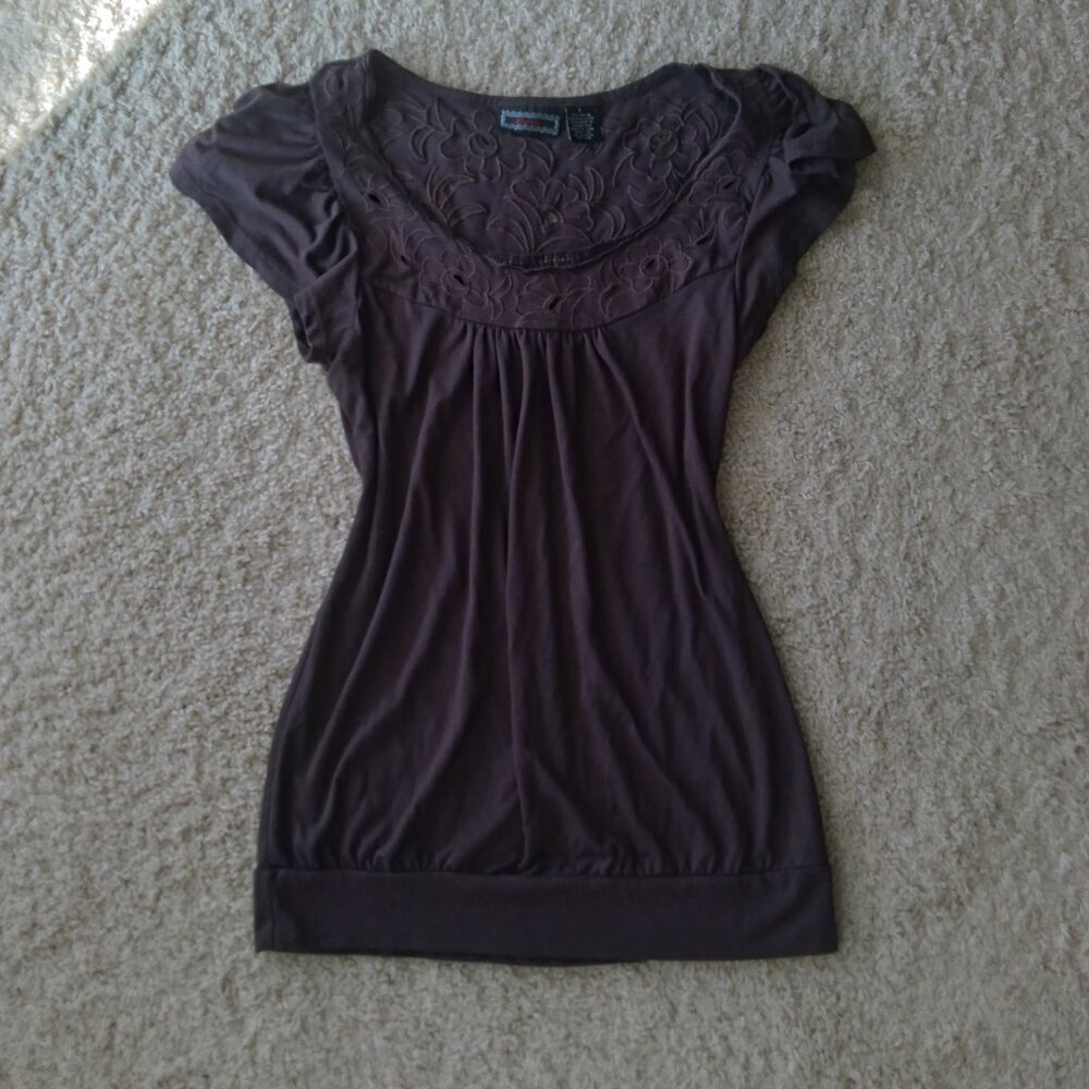 Vintage Y2K Licorice Brown Floral Eyelet Flutter Sleeve Babydoll Top Size Large